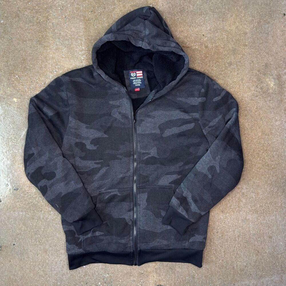Phat Farm Full Zip Sherpa‎ Lined Hoodie Men's Small Black Camo Fleece Jacket
